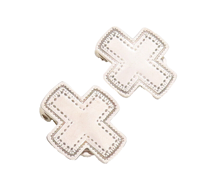 925 Sterling Silver Earrings MEXICO Minimalist Etched Border Mini Cross  EG12837