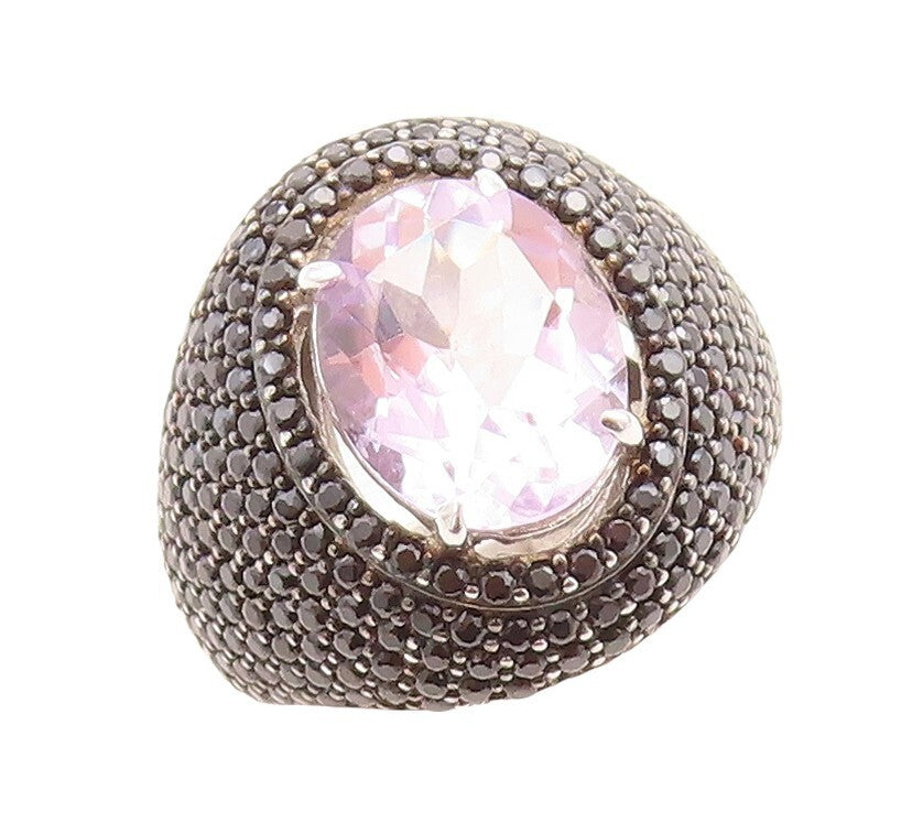 925 Sterling Silver Vintage Ring Oval Cut Amethyst & Spinel Inlay Sz 6.5 RG30081