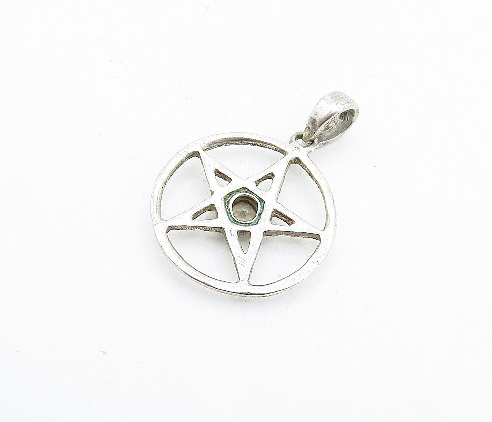 925 Sterling Silver  Vintage Shiny Topaz Open Star Circle Drop Pendant  PT4596