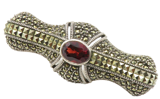 JUDITH JACK 925 Sterling Silver  Vintage Garnet & Marcasite Brooch Pin  BP5610