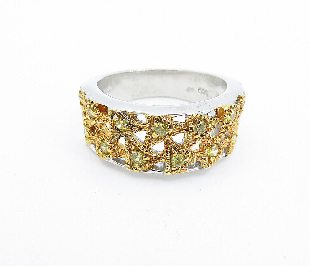 925 Sterling Silver Peridot Dotted Two Tone Shiny Band Ring Sz 7 RG6564