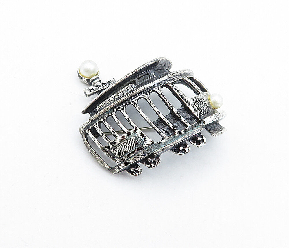 925 Sterling Silver  Vintage Dark Tone Pearl Trolley Car Brooch Pin  BP1613