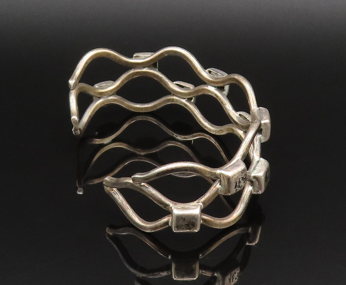 MEXICO 925 Silver  Vintage Wavy Open Square Pattern Cuff Bracelet  BT9579