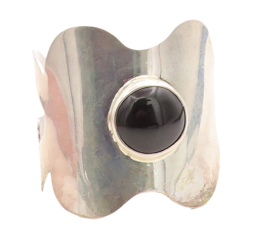 MEXICO 925 Sterling Silver Vintage Black Gemstone Large Cuff Bracelet BT1384