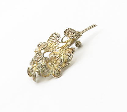 925 Sterling Silver  Vintage Antique Filigree Flower Bunch Brooch Pin  BP6088