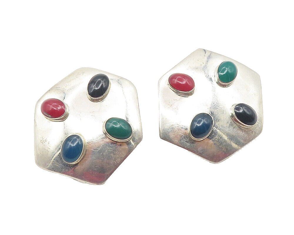MEXICO 925 Silver  Vintage Onyx & Carnelian Non Pierce Drop Earrings  EG5943