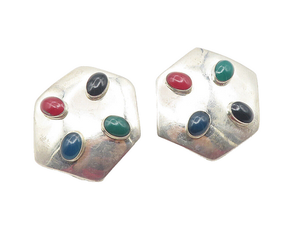 MEXICO 925 Silver  Vintage Onyx & Carnelian Non Pierce Drop Earrings  EG5943