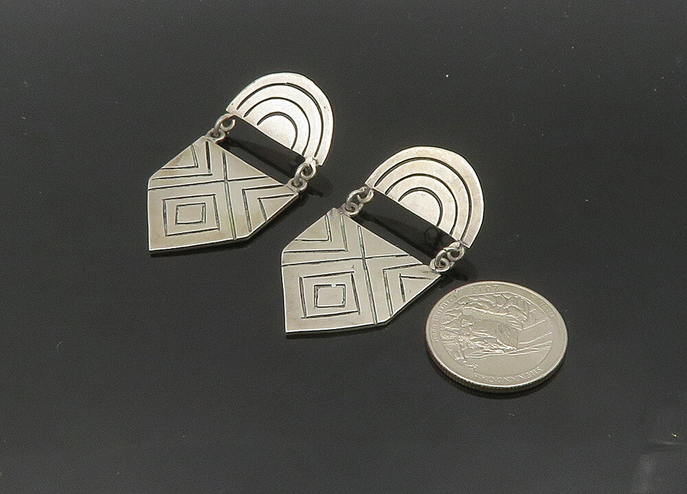 MEXICO 925 Silver  Vintage Shiny Etched Pattern Dangle Earrings  EG10256