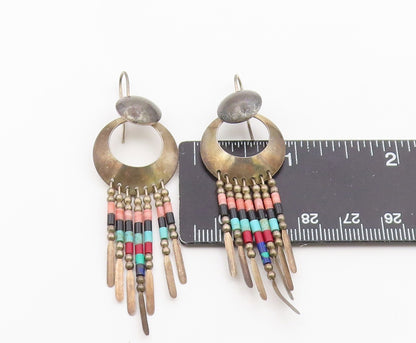 925 Sterling Silver Vintage Earrings SOUTHWESTERN Multi Gemstone Dangle  EG14501