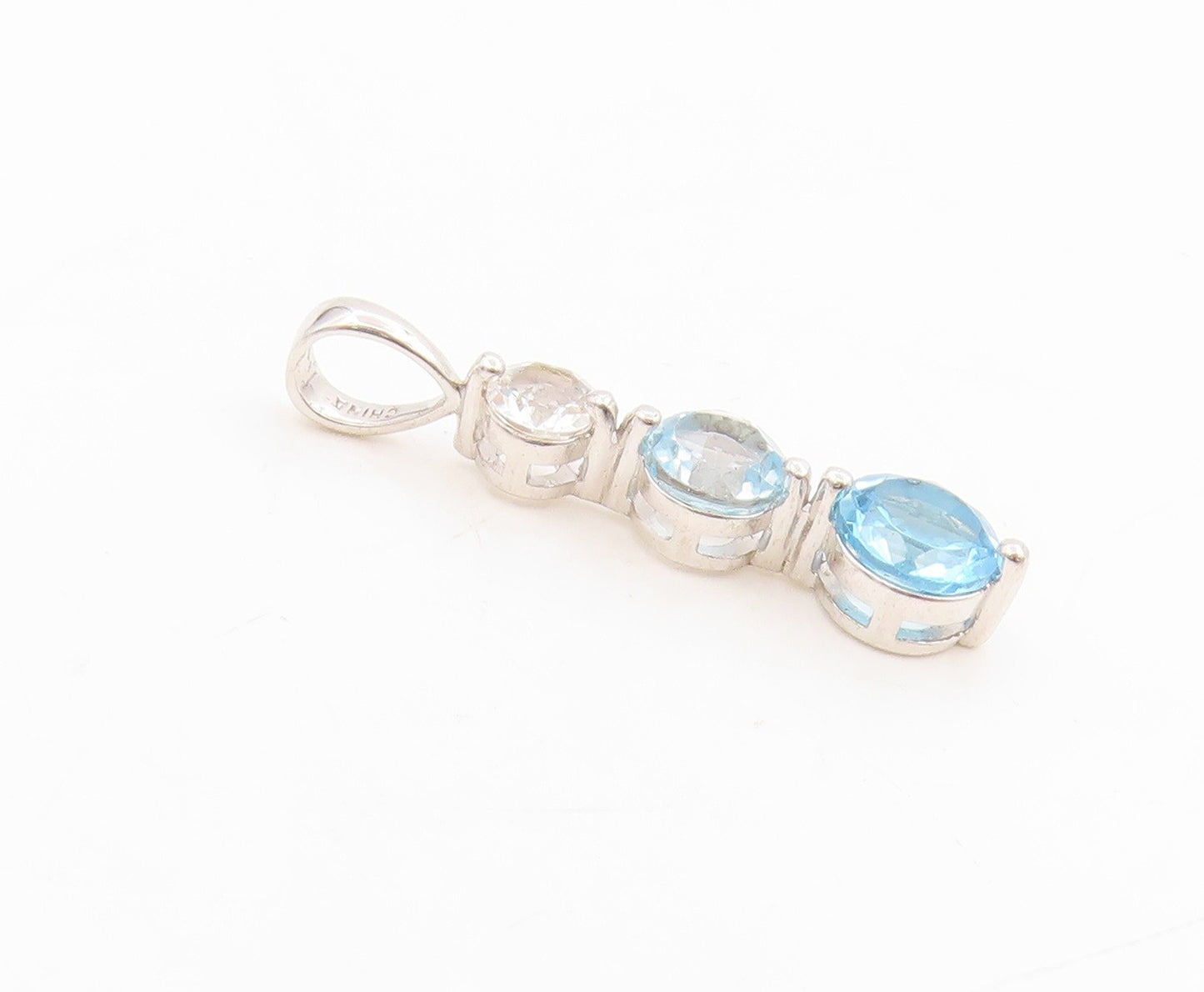 925 Sterling Silver Vintage Pendant Blue & White Topaz Three Stone Drop  PT25436