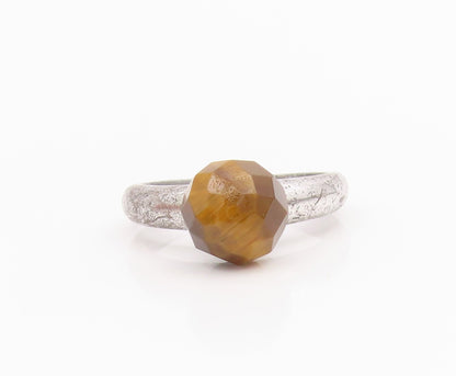 925 Sterling Silver Vintage Ring Faceted Tiger's Eye Solitaire Band Sz 6 RG34228