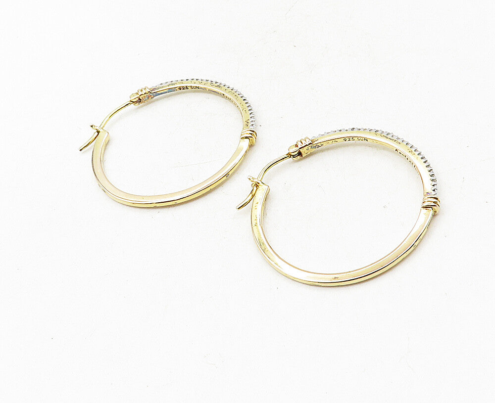 925 Sterling Silver  Genuine Diamonds Shiny Gold Plated Hoop Earrings  EG4976