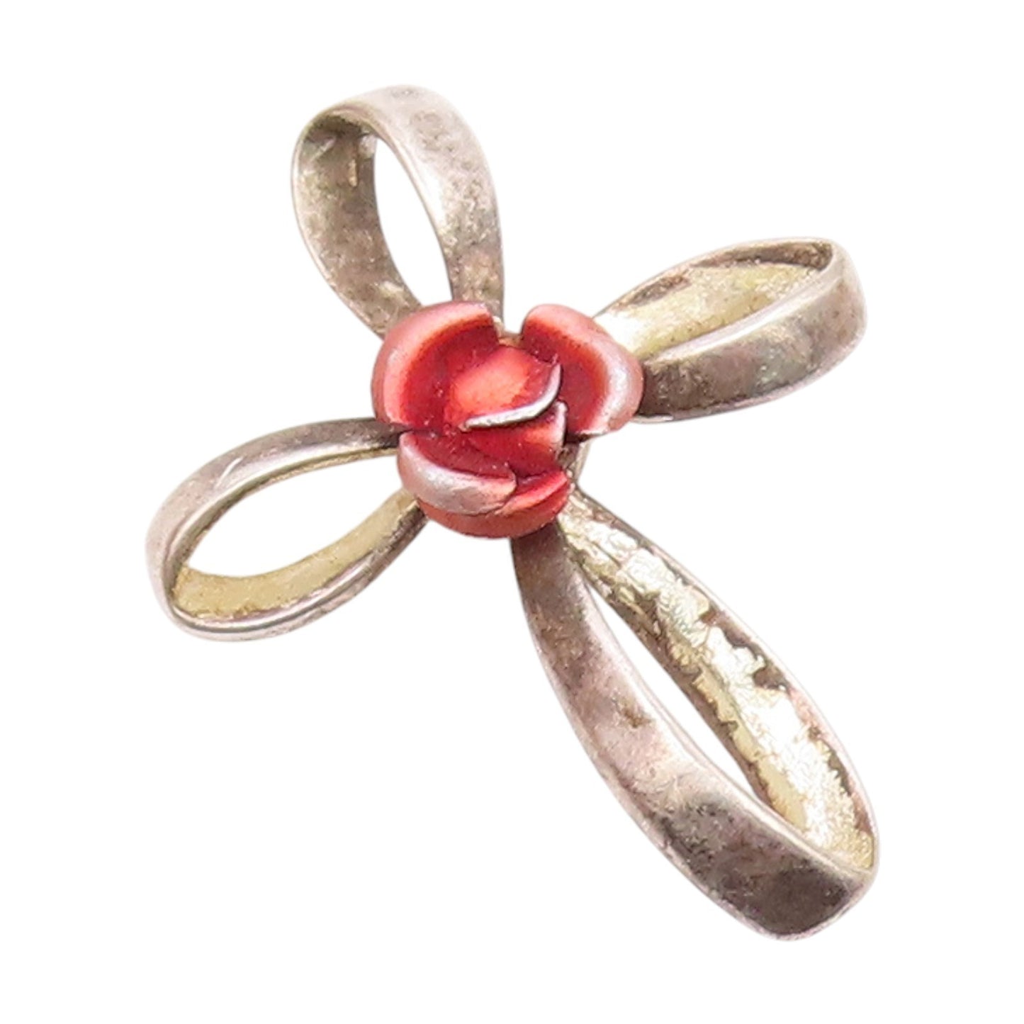 925 Sterling Silver  Vintage Rose Flower Religious Cross Pendant  PT15808