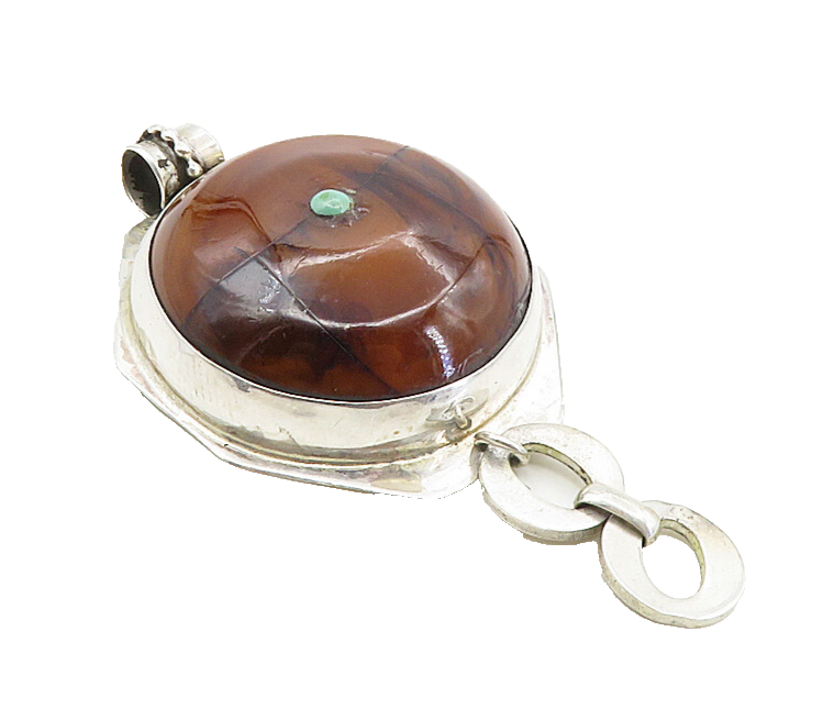 925 Sterling Silver  Vintage Agate & Turquoise Round Dome Pendant  PT6451