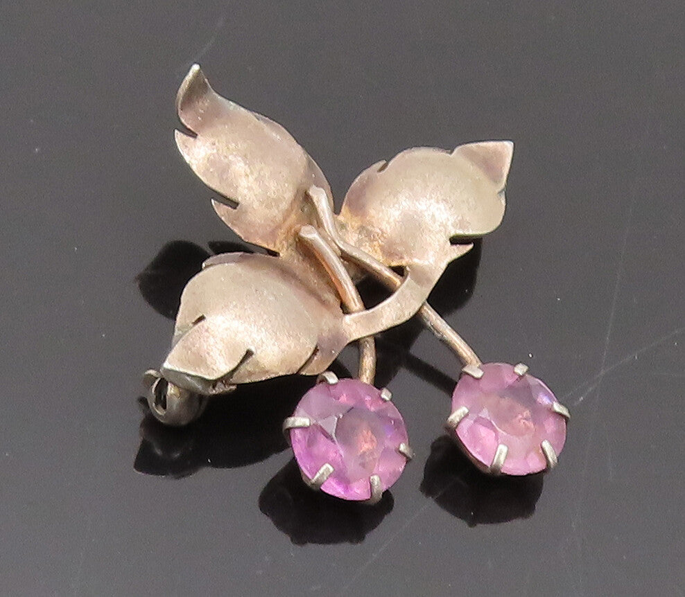 925 Sterling Silver  Vintage Purple Topaz Cutout Leaf Brooch Pin  BP10521