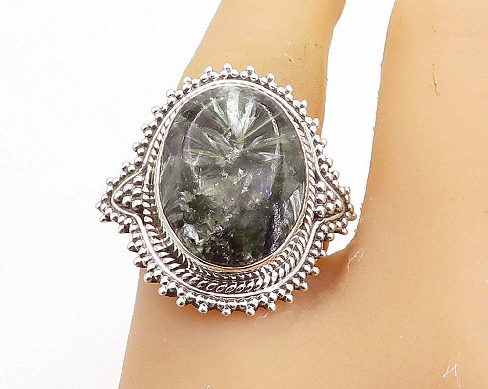 925 Sterling Silver Green Jasper Twist Border Cocktail Ring Sz 9 RG7744