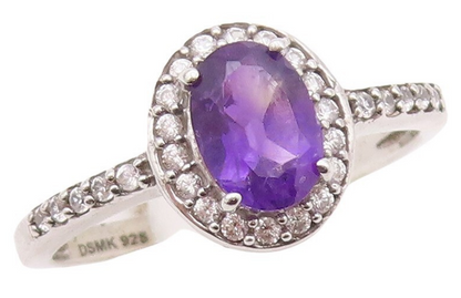 925 Sterling Silver Vintage Ring Oval Cut Amethyst Halo CZ  Sz 7  RG29949