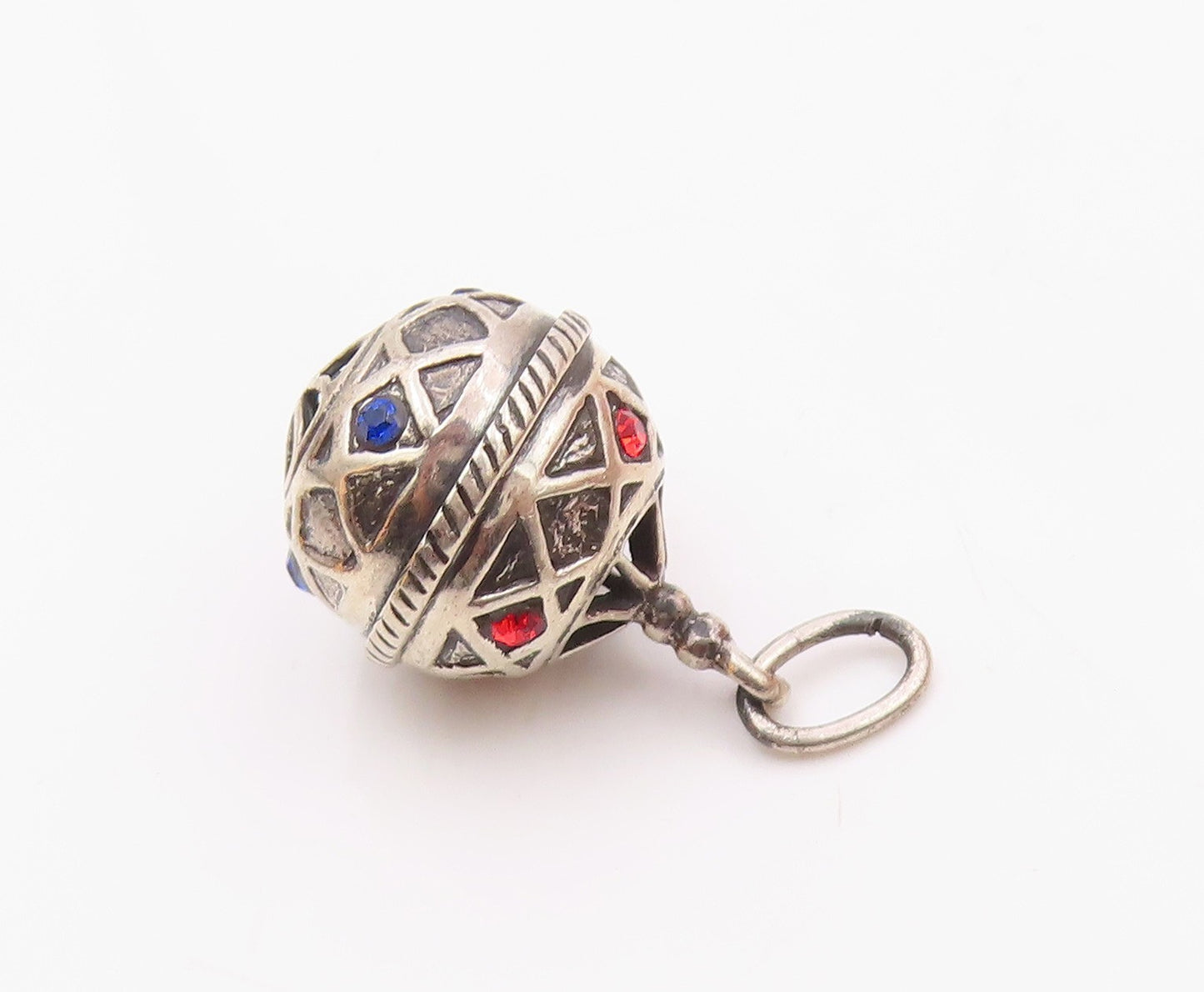 925 Silver  Vintage Triangle Pattern Red & Blue Spinel Sphere Pendant  PT20705