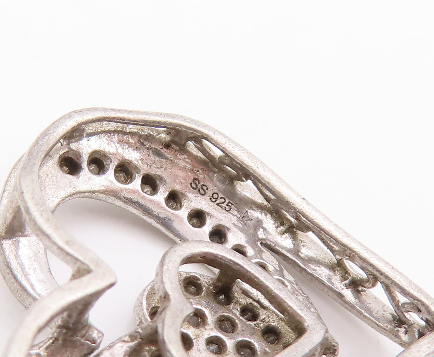 925 Sterling Silver Vintage Pendant Swirly Cutout Inlay Diamonds Heart  PT23087