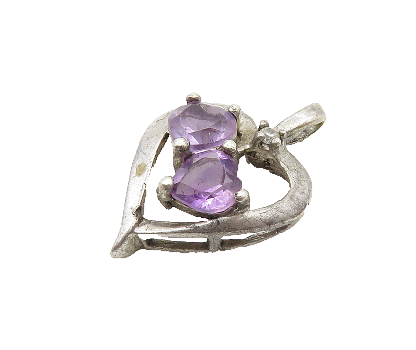 925 Sterling Silver  Vintage Petite Amethyst Love Hearts Pendant  PT15439
