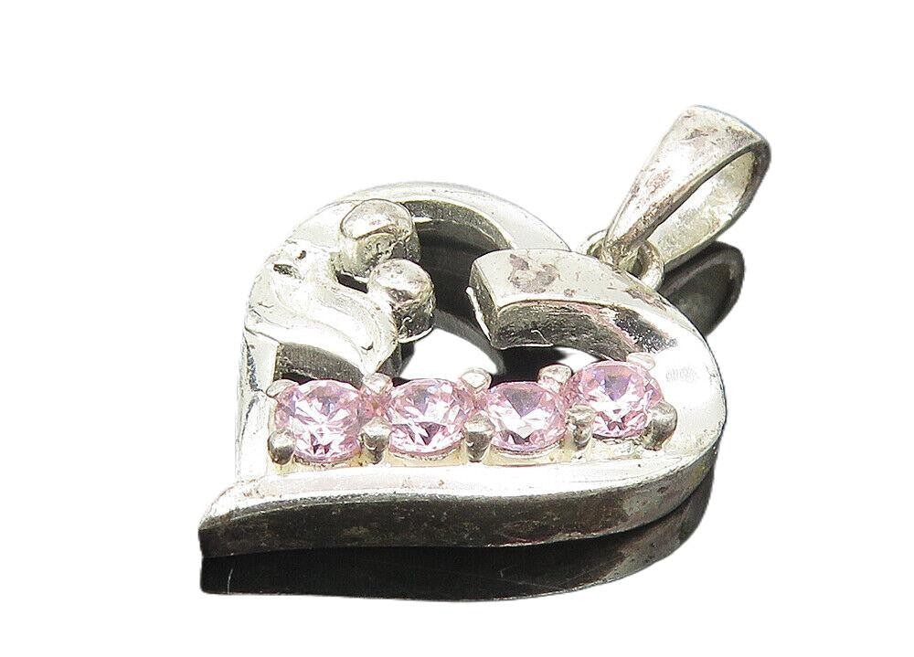 925 Sterling Silver  Petite Pink Topaz Mom & Baby Love Heart Pendant  PT8837