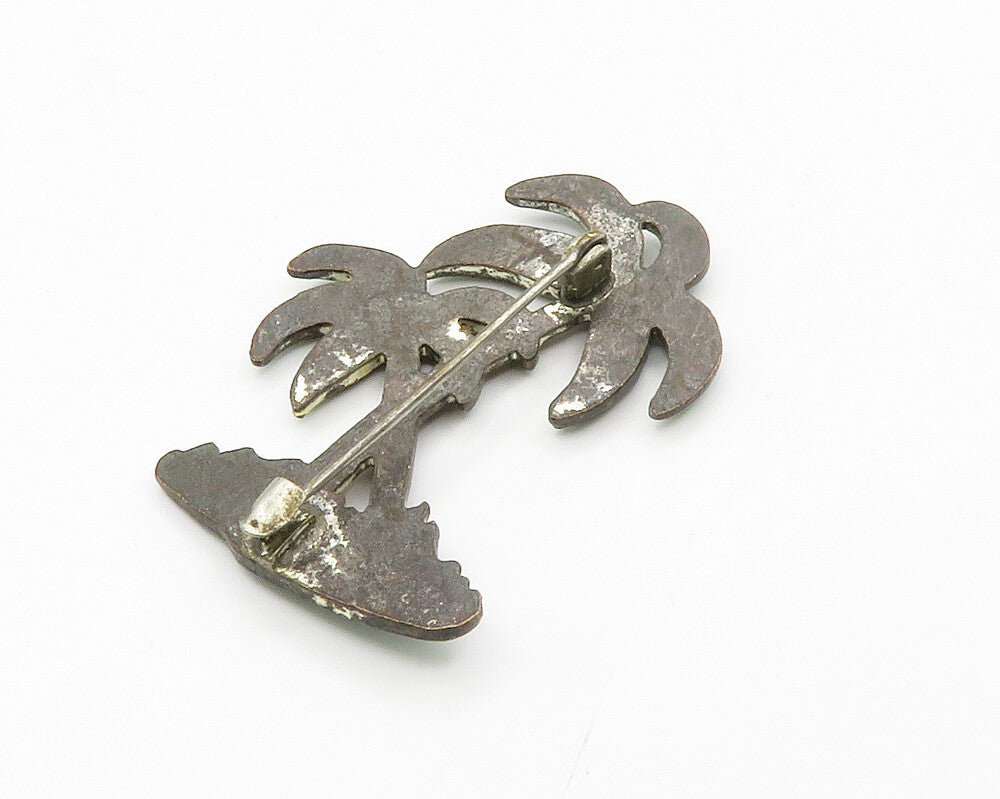 925 Sterling Silver  Vintage Enamel Coated Palm Trees Brooch Pin  BP5643