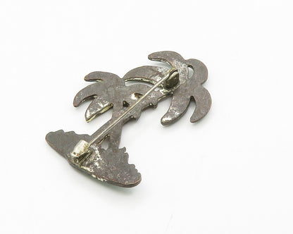 925 Sterling Silver  Vintage Enamel Coated Palm Trees Brooch Pin  BP5643