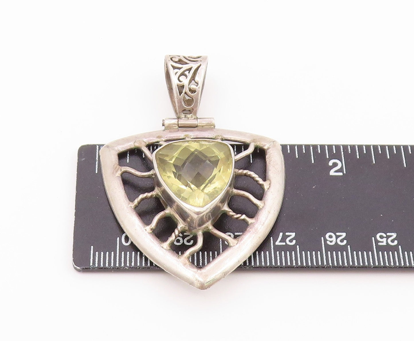 925 Sterling Silver Vintage Pendant Classic Citrine Openwork Web Shield  PT26480