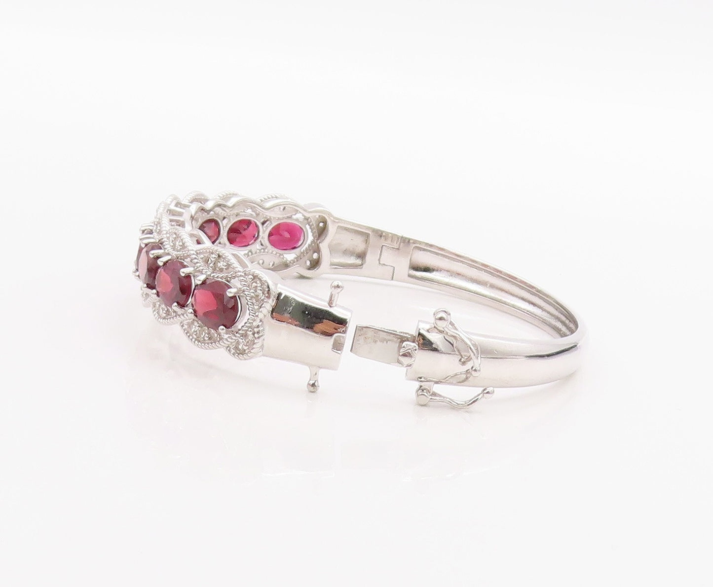 925 Sterling Silver Vintage Bracelet Oval Ruby & CZ Triple Row Bangle  BT11393