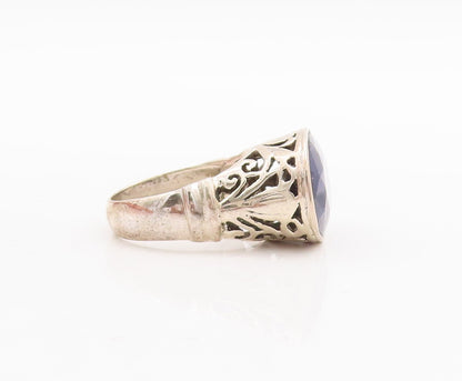 925 Sterling Silver Vintage Ring Oval Cut Sapphire Swirly Carved  Sz 7  RG29262