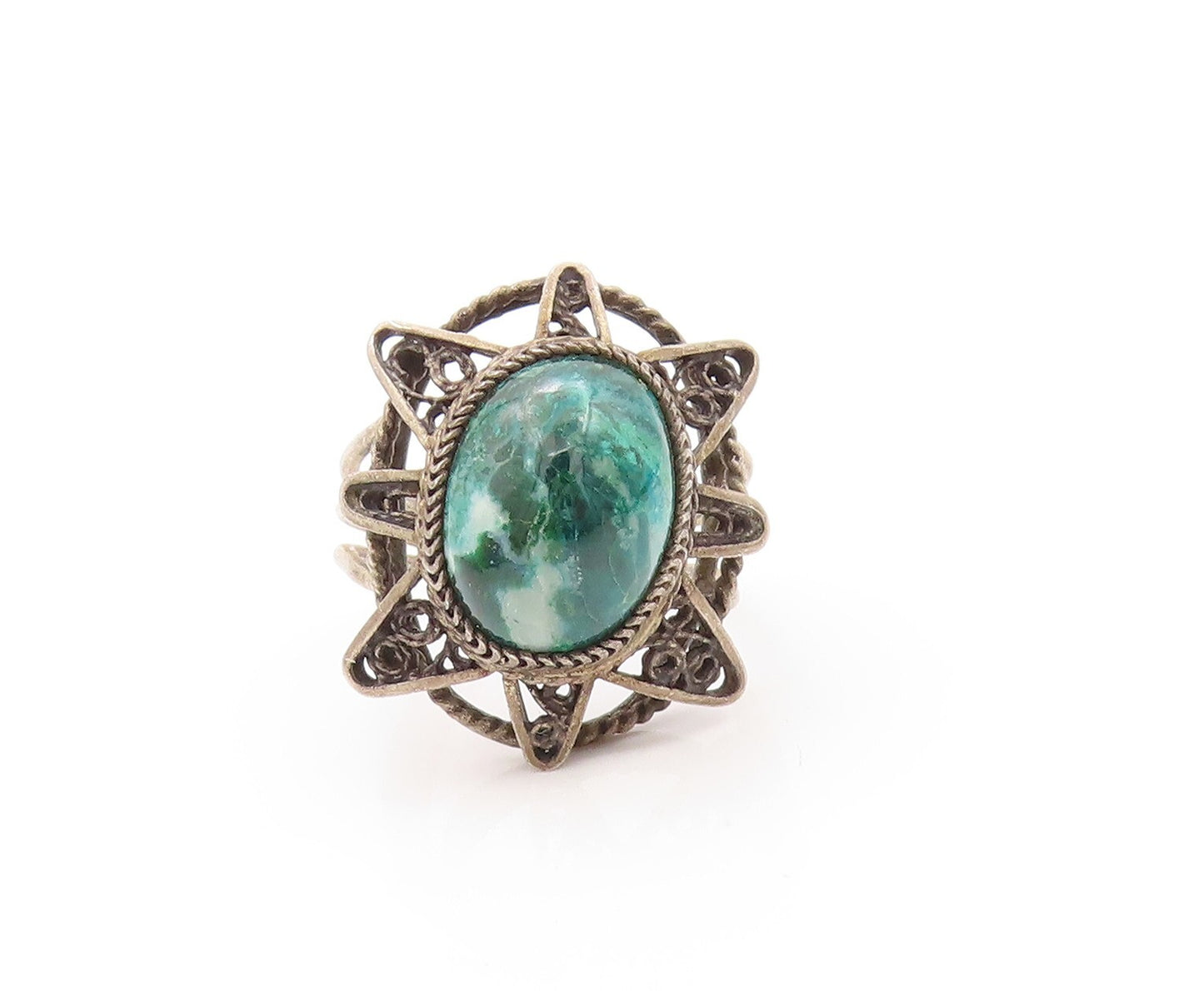 925 Sterling Silver Vintage Ring Dark Tone Gemstone Sun Cutout  SZ 8  RG32181