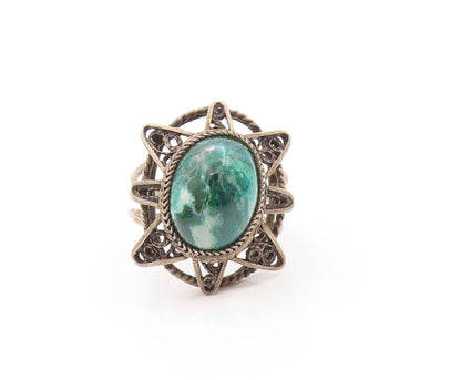 925 Sterling Silver Vintage Ring Dark Tone Gemstone Sun Cutout  SZ 8  RG32181