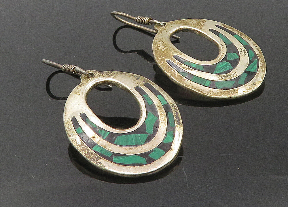 MEXICO 925 Sterling Silver  Vintage Malachite Mosaic Dangle Earrings  EG5333