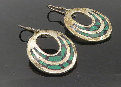 MEXICO 925 Sterling Silver  Vintage Malachite Mosaic Dangle Earrings  EG5333