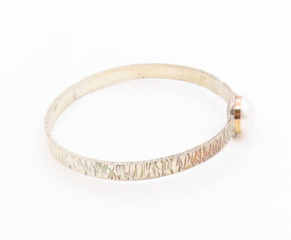 925 Sterling Silver & 14K GOLD  Vintage Pearl Dome Bangle Bracelet  BT8083