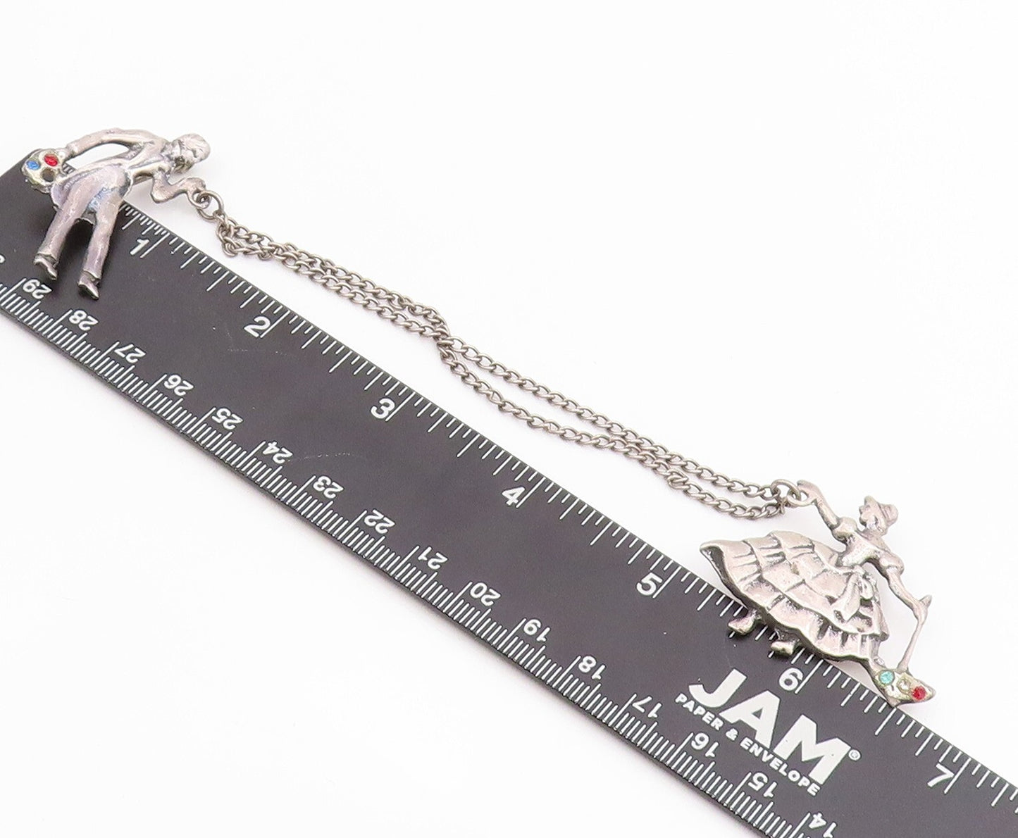 925 Sterling Silver Vintage Tie Pin Chained Dancing Carved CZ Couple  TR3865