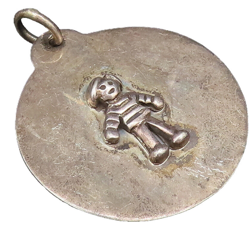 925 Sterling Silver  Vintage Carved Cartoon Figure Medal Pendant  PT21652