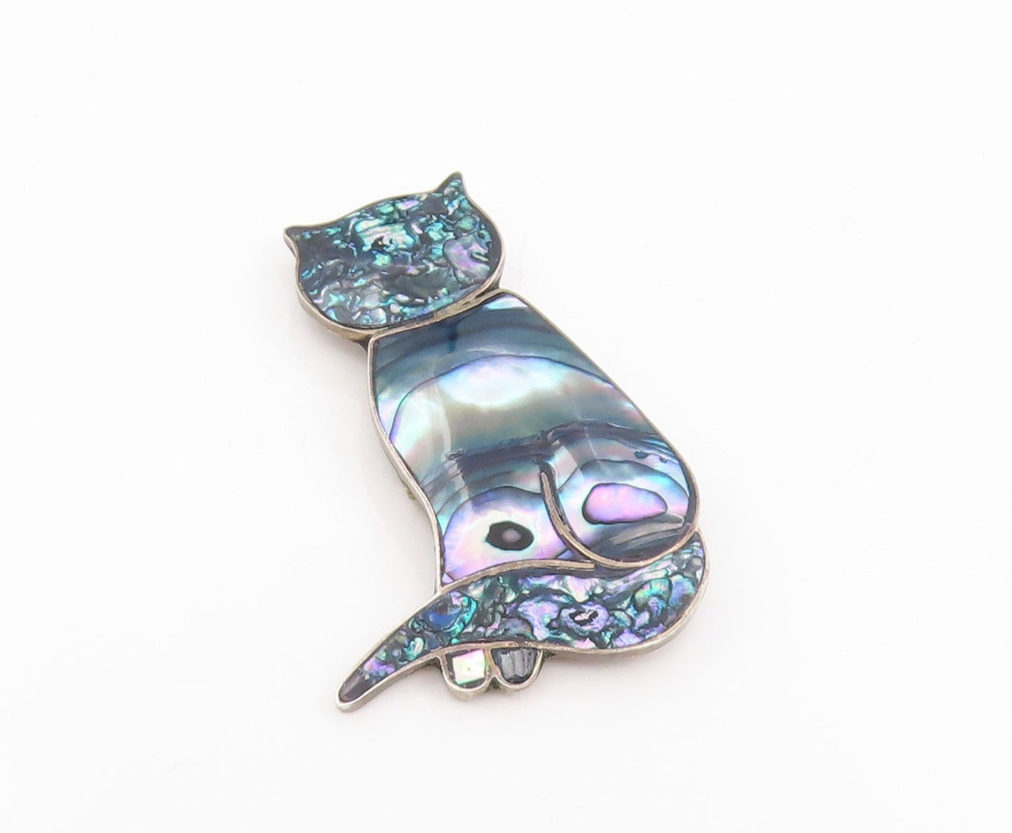 925 Sterling Silver Vintage Brooch Pin TAXCO Abalone Inlay Modernist Cat BP12428