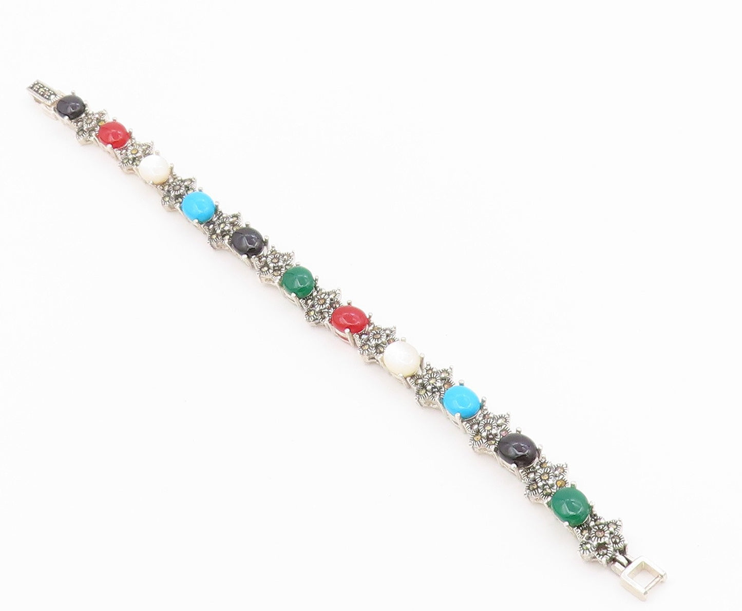 925 Silver  Vintage Turquoise Mother Of Pearl Onyx & Carnelian Bracelet BT3680