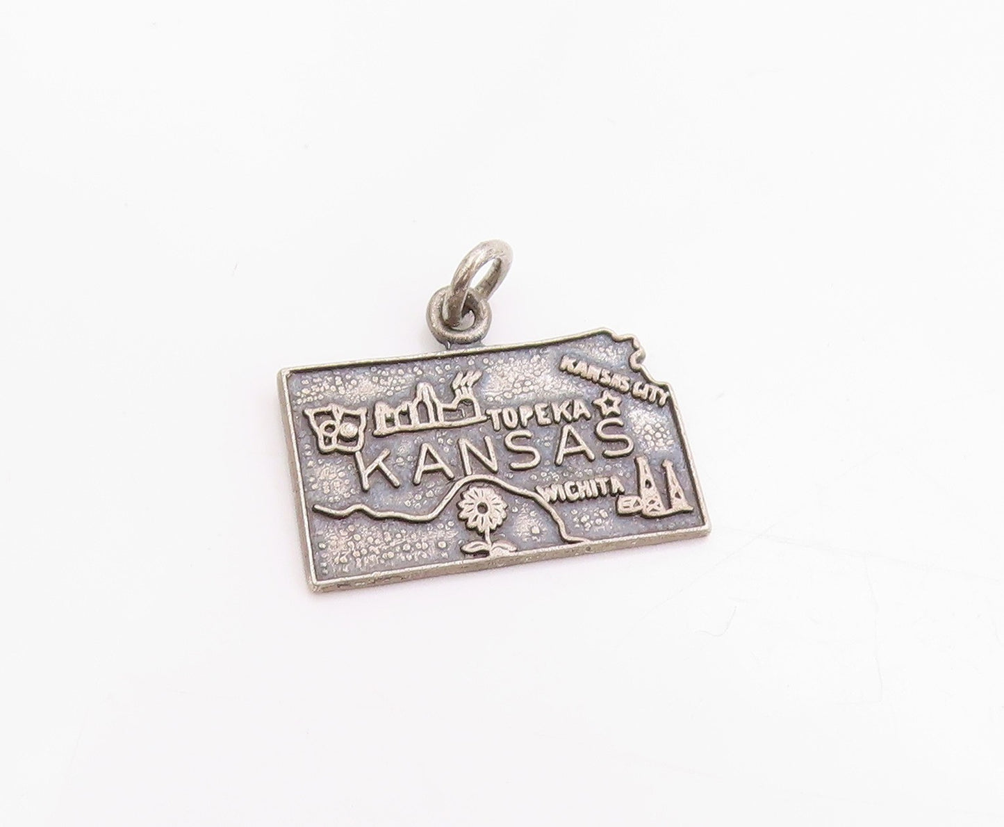 925 Sterling Silver Vintage Pendant Dark Tone Kansas State Map Charm  PT24926