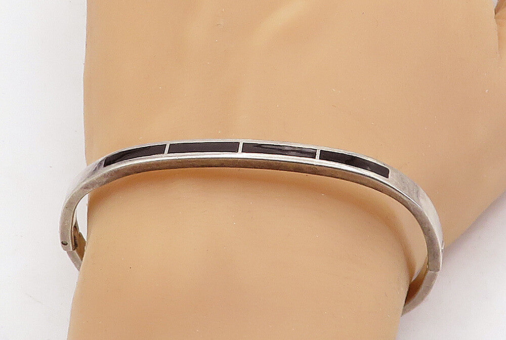 MEXICO 925 Sterling Silver Vintage Inlaid Black Onyx Oval Bangle Bracelet BT2021