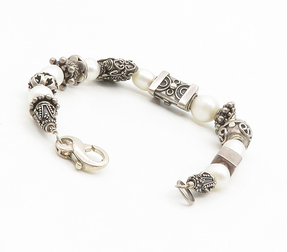 925 Sterling Silver  Vintage Shiny Pearls Ornate Beaded Chain Bracelet  BT5874