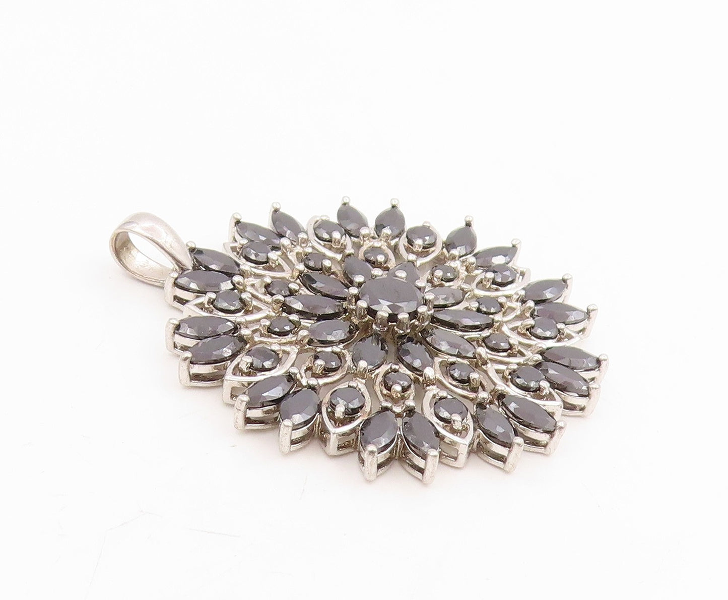 925 Sterling Silver Vintage Pendant Black CZ Floral Starburst Blossom  PT25789