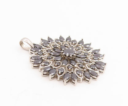 925 Sterling Silver Vintage Pendant Black CZ Floral Starburst Blossom  PT25789