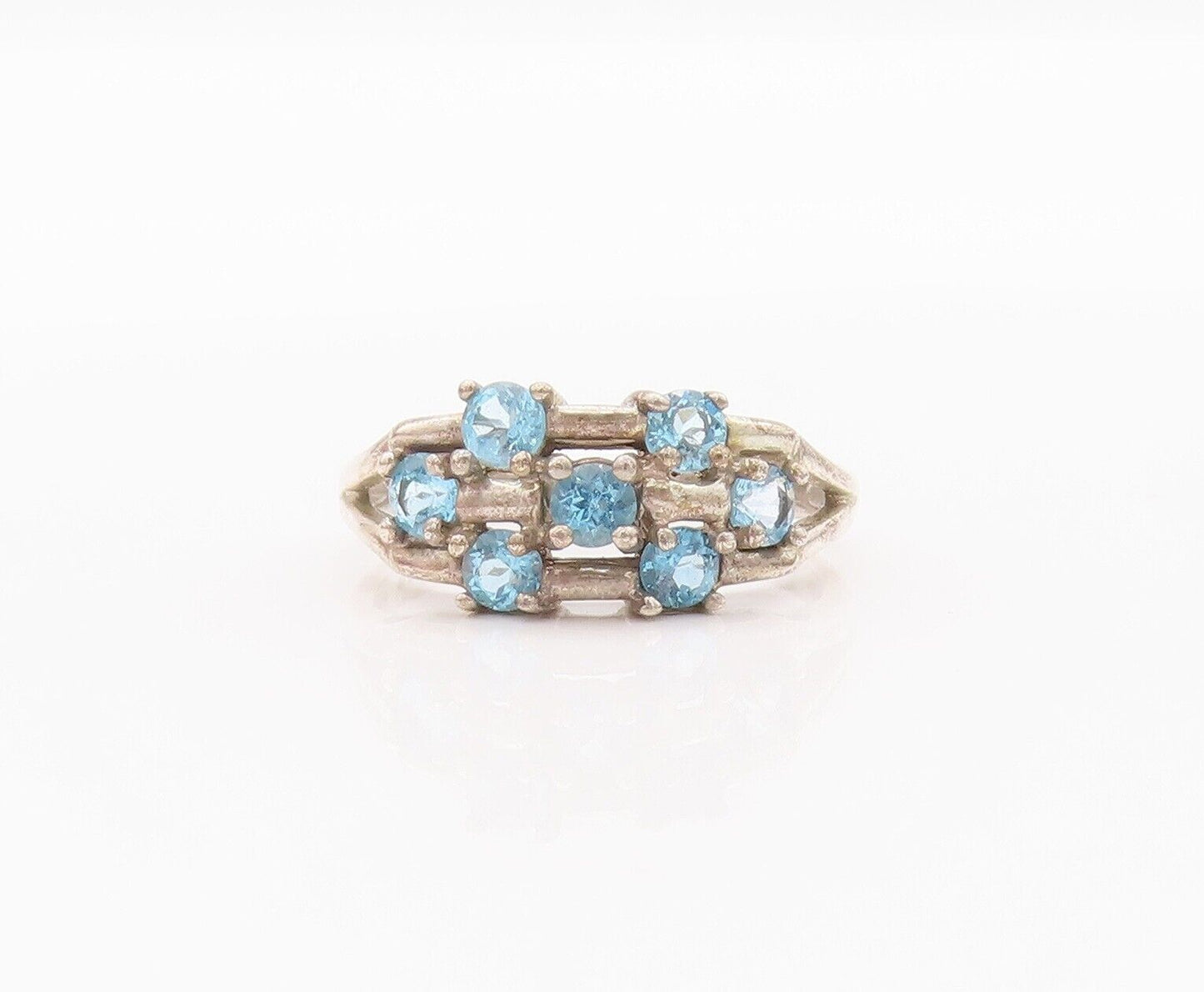 925 Sterling Silver Vintage Ring Carved Blue Round Cut CZ Beaded  Sz 8  RG28292
