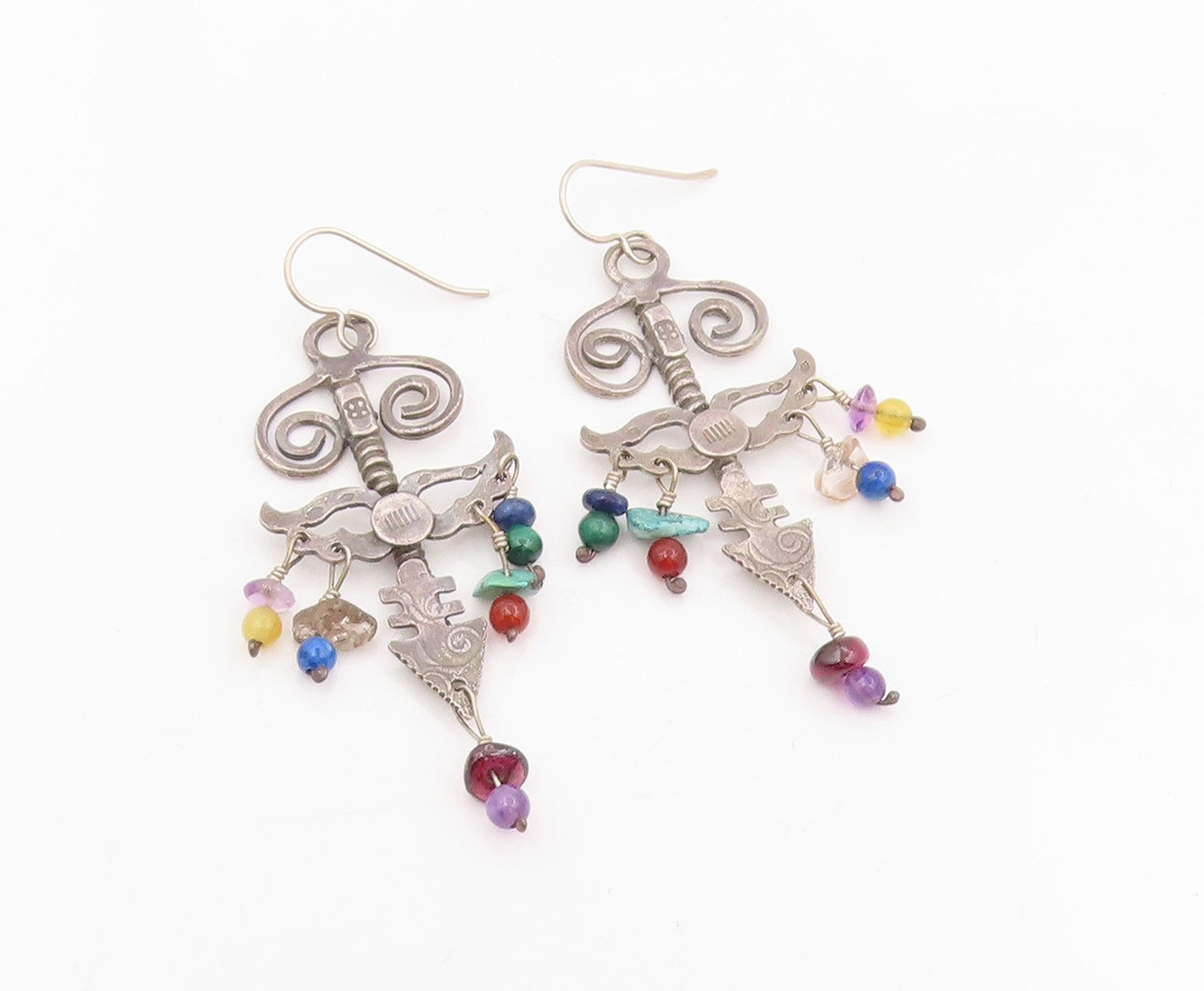 925 Sterling Silver Vintage Earrings Multi Gemstone Tribal Sword Dangle  EG14002