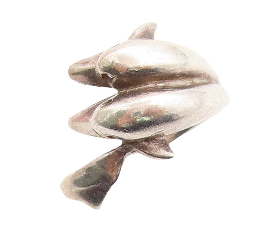 925 Sterling Silver Vintage Ring Solid Carved Diving Dolphins  Sz 8  RG31252