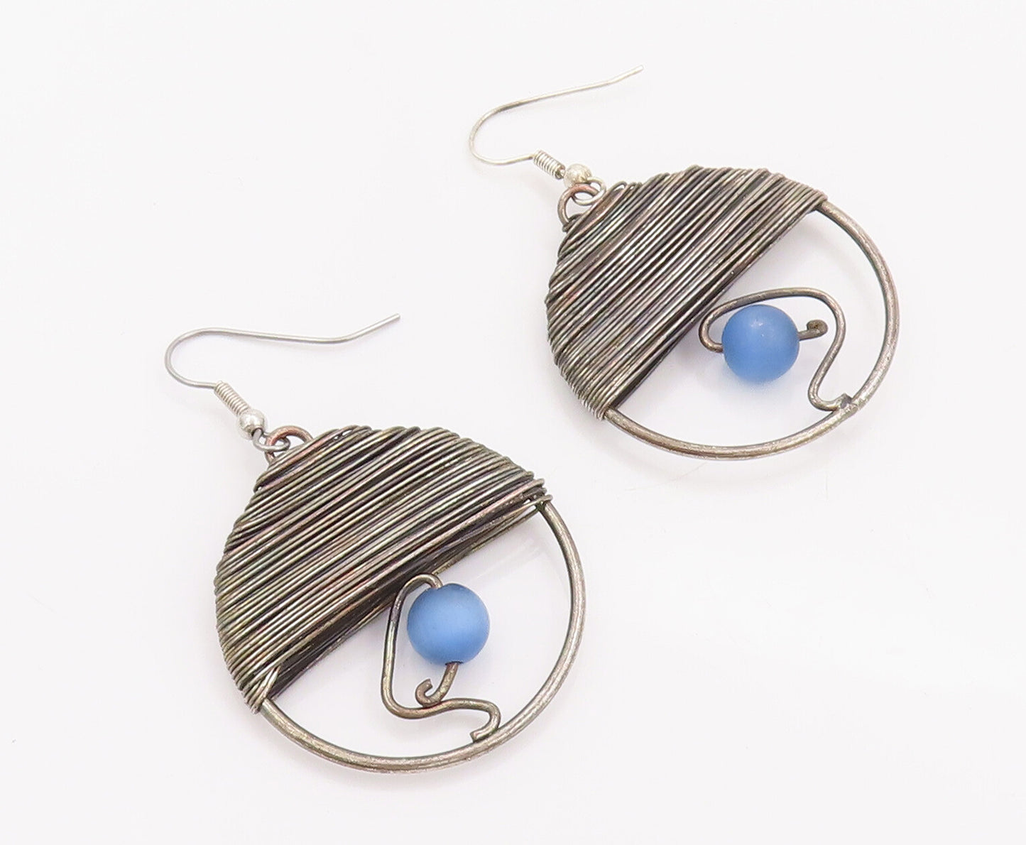 925 Sterling Silver Vintage Earrings Roped Semi Circle Beaded Moonstone  EG13020