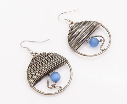 925 Sterling Silver Vintage Earrings Roped Semi Circle Beaded Moonstone  EG13020
