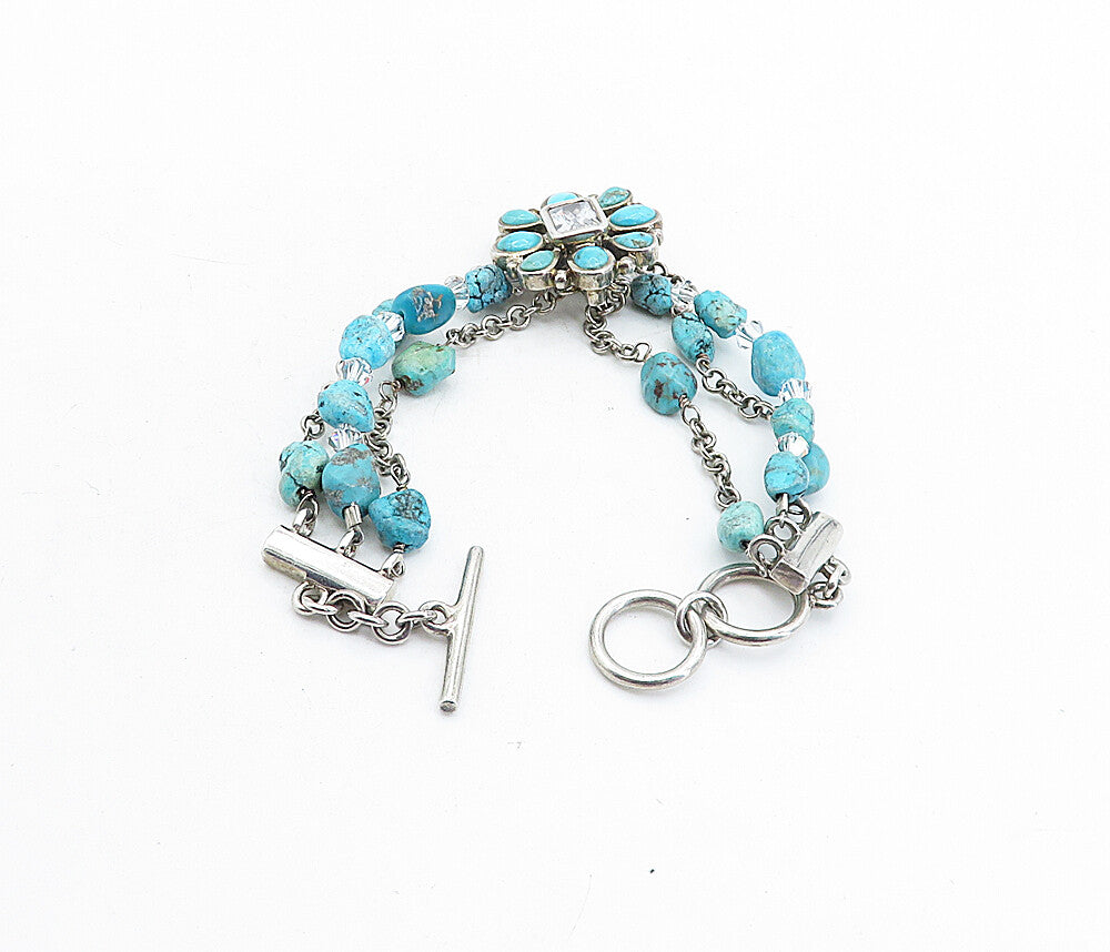 BARSE 925 Silver Vintage Turquoise & Cubic Zirconia Beaded Bracelet BT1968